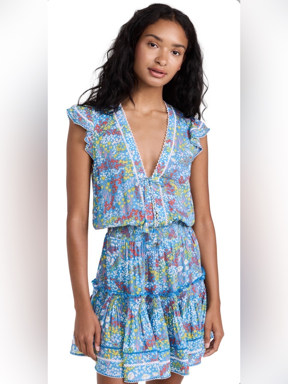 Poupette St Barth Mini Dress Anais V Blue Floral MSRP $350